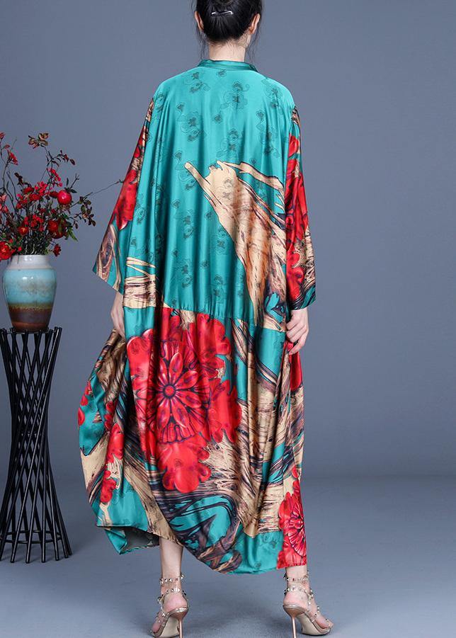 Natural Green Print Chiffon Oversize Summer Spring Robe Dresses - SooLinen