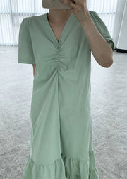 Natural Green V Neck Patchwork Cotton Long Dresses Short Sleeve