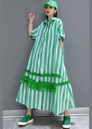 Natural Green button Ruffled Striped long Dress Spring