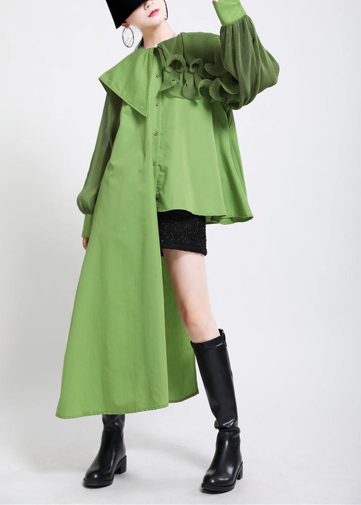 Natural Green lantern sleeve Button Chiffon Top - SooLinen