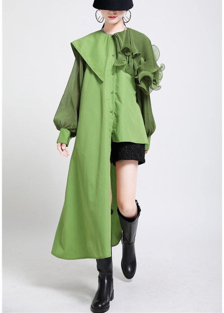 Natural Green lantern sleeve Button Chiffon Top - SooLinen