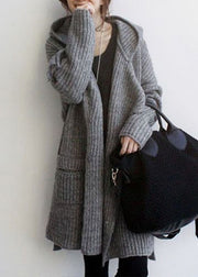 Natural Grey Hooded Pockets Knit Sweater Long Coat Winter