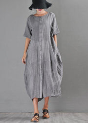 Natural Grey asymmetrical design Cotton Linen Long Dress Summer - SooLinen