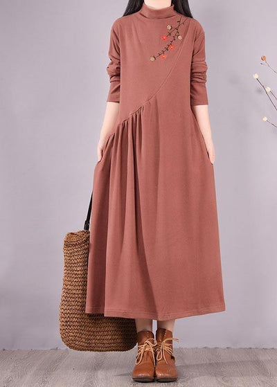 Natural High Neck Cinched Spring Tunic Fabrics Brown Embroidery A Line Dress - SooLinen