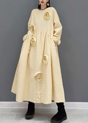 Natural Khaki O-Neck Cinched Floral Robe Dresses Spring