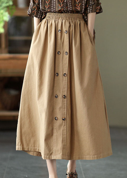 Natural Khaki double breast Cotton A Line Skirts Spring