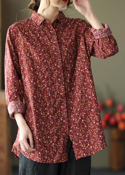 Natural Lapel Spring Clothes For Women Sewing Chocolate Print Blouses - SooLinen