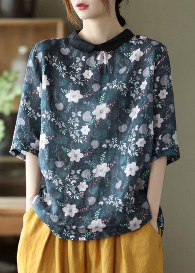 Natural Navy Peter Pan Collar Print Summer Ramie Half Sleeve - SooLinen