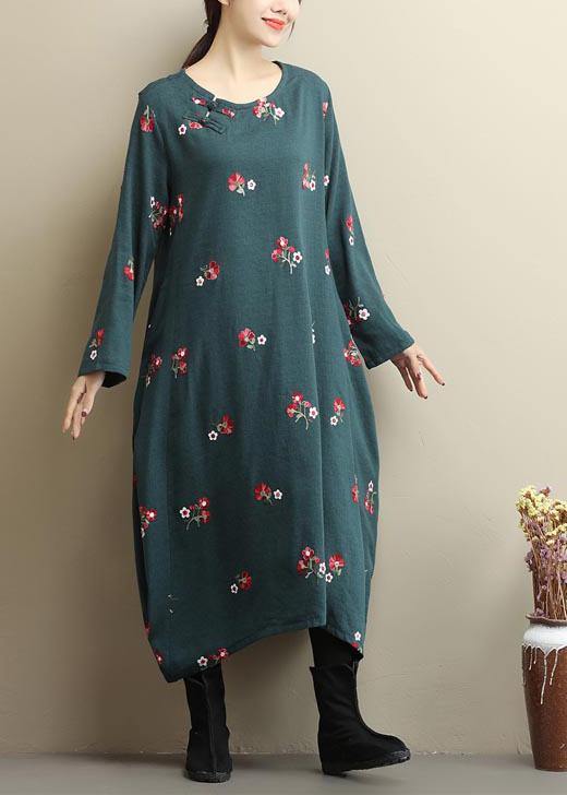 Natural O Neck Asymmetric Spring Clothes Runway Green Embroidery Dress - SooLinen