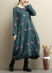 Natural O Neck Asymmetric Spring Clothes Runway Green Embroidery Dress - SooLinen