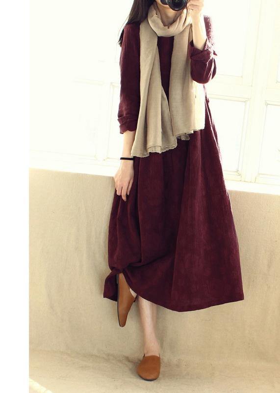 Natural O Neck Cinched Dresses Catwalk Burgundy Jacquard Robe Dresses - SooLinen