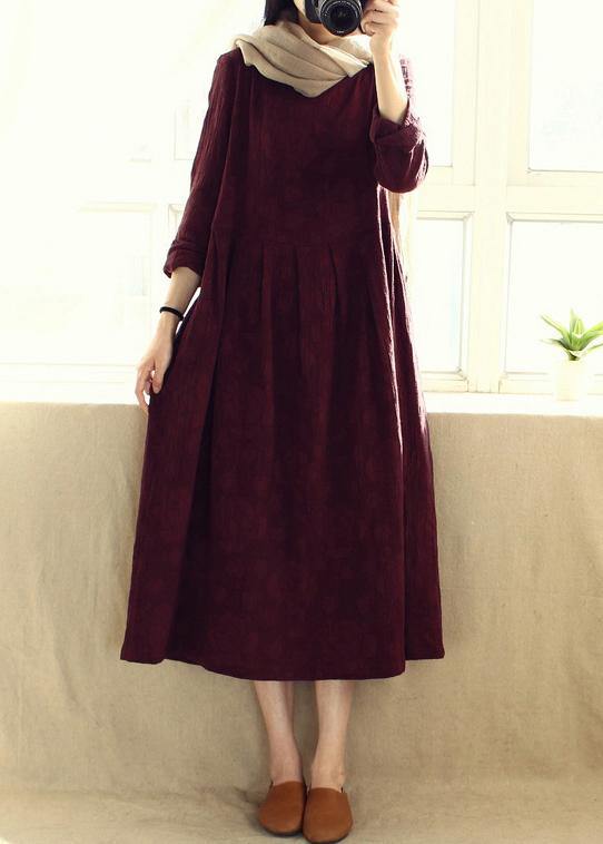 Natural O Neck Cinched Dresses Catwalk Burgundy Jacquard Robe Dresses - SooLinen