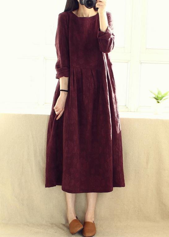 Natural O Neck Cinched Dresses Catwalk Burgundy Jacquard Robe Dresses - SooLinen