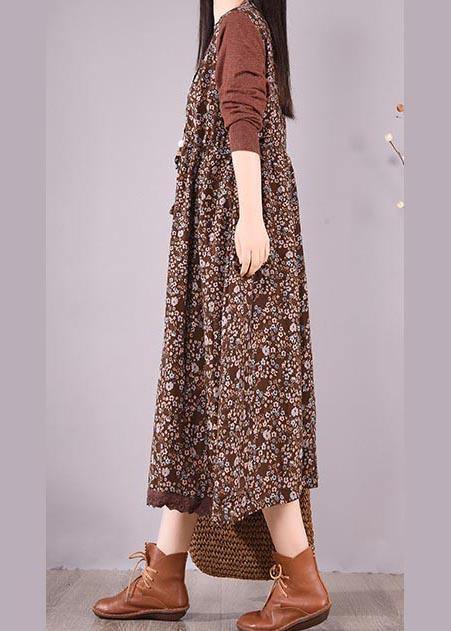 Natural O Neck Lace Spring Clothes Design Chocolate Print Maxi Dress - SooLinen