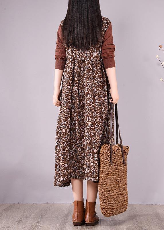 Natural O Neck Lace Spring Clothes Design Chocolate Print Maxi Dress - SooLinen