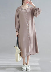 Natural O Neck Lantern Sleeve Spring Clothes Women Photography Brown Long Dress - SooLinen