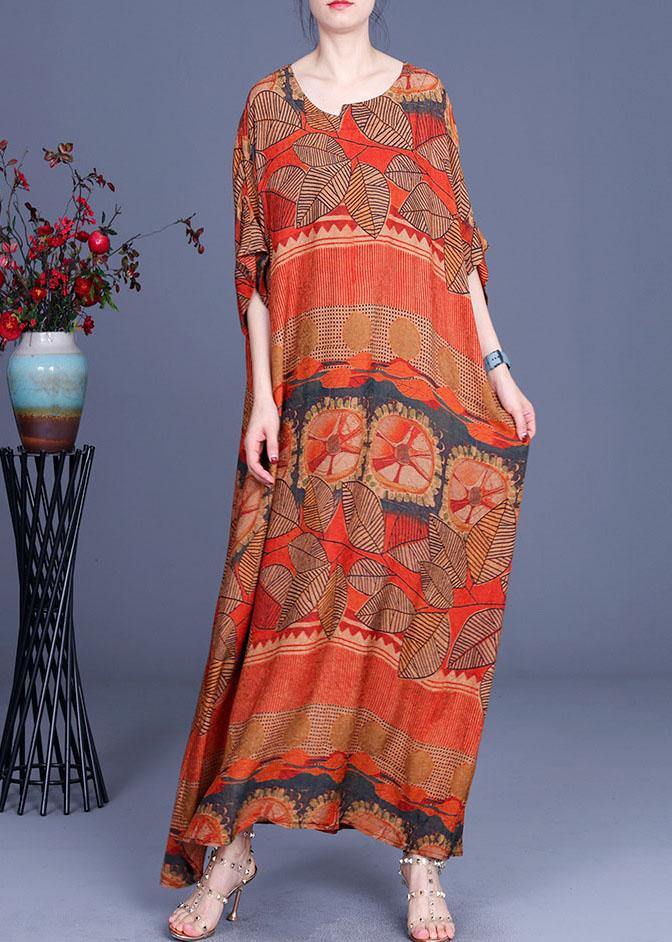 Natural Orange Print O-Neck Asymmetrical Design Summer Silk Maxi Dresses - SooLinen