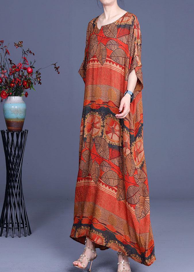 Natural Orange Print O-Neck Asymmetrical Design Summer Silk Maxi Dresses - SooLinen