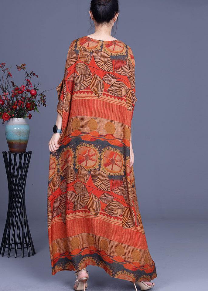 Natural Orange Print O-Neck Asymmetrical Design Summer Silk Maxi Dresses - SooLinen