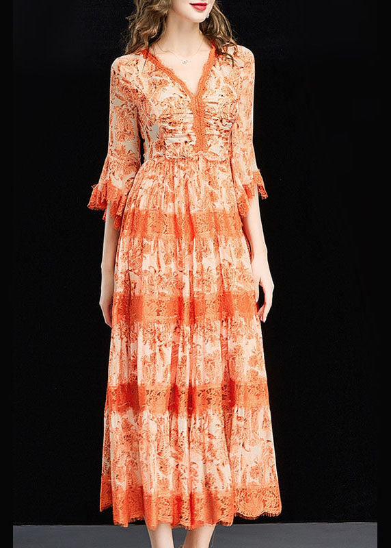 Natural Orange V Neck Print Long Dress Spring