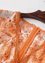 Natürliches orangefarbenes langes Kleid mit V-Ausschnitt und Druck Frühling