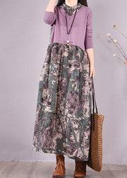 Natural Patchwork Spring Clothes Fabrics Purple Print Loose Dress - SooLinen