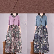 Natural Patchwork Spring Clothes Fabrics Purple Print Loose Dress - SooLinen