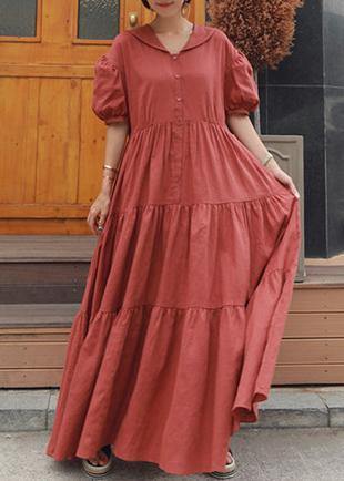 Natural Peter pan Collar Ruffles cotton Robes Tutorials red Dress - SooLinen