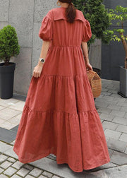 Natural Peter pan Collar Ruffles cotton Robes Tutorials red Dress - SooLinen