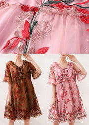 Natural Pink Embroidery Lace Bow Summer Dress - SooLinen