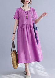 Natural Purple O-Neck Linen Summer Cotton Dress - SooLinen