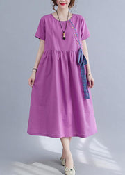 Natural Purple O-Neck Linen Summer Cotton Dress - SooLinen