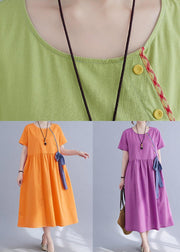 Natural Purple O-Neck Linen Summer Cotton Dress - SooLinen