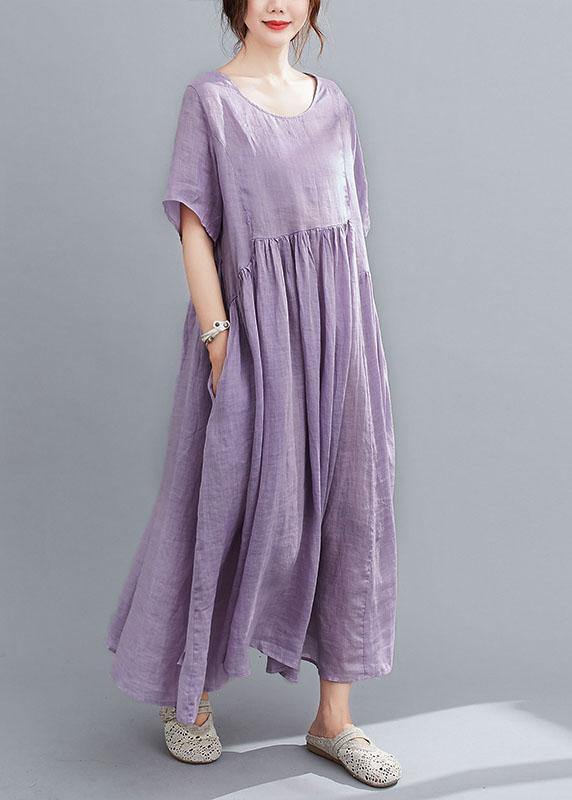 Natural Purple Pockets Short Sleeve Robe Cotton Linen Dresses - SooLinen