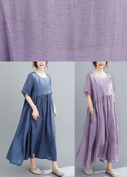 Natural Purple Pockets Short Sleeve Robe Cotton Linen Dresses - SooLinen