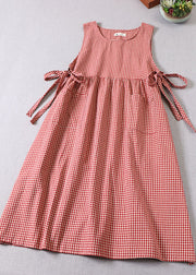 Natural Red Cinched Plaid Party Dress Spring