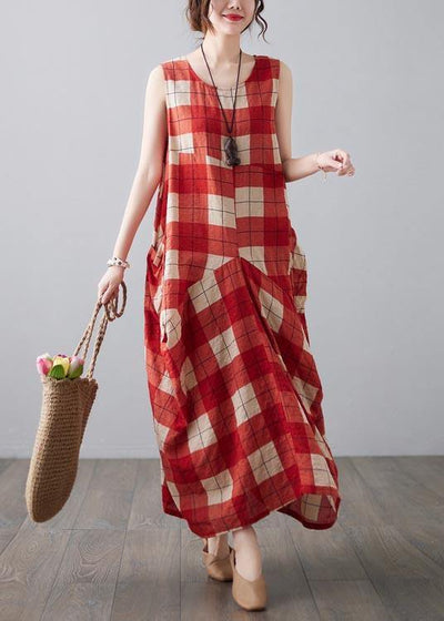 Natural Red Plaid Sleeveless Pockets Summer Dress - SooLinen