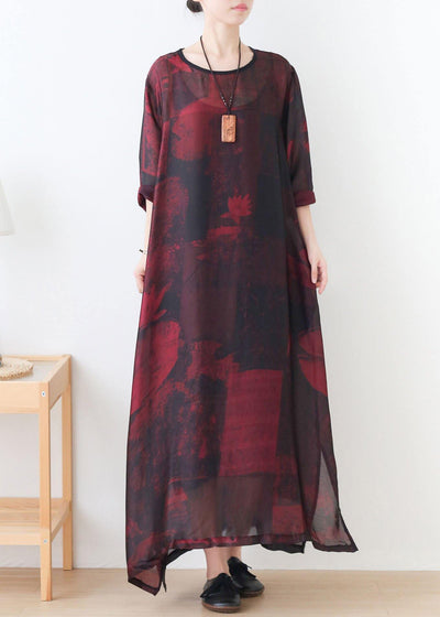 Natural Red Print Chiffon O-Neck Summer Dresses - SooLinen