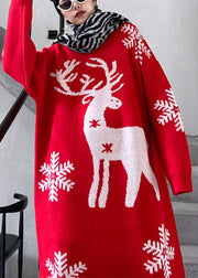 Natural Red Print Thick Loose Winter Knit Sweater Dress