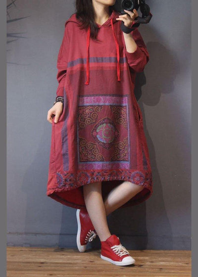 Natural Red Print low high design Dresses Summer Cotton Dress - SooLinen