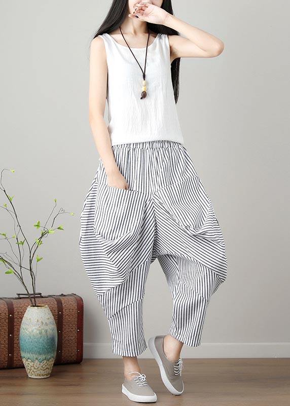 Natural Striped drop-crotch Cotton Linen  Pants Summer - SooLinen