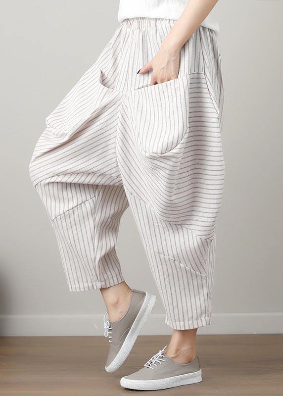 Natural Striped drop-crotch Cotton Linen  Pants Summer - SooLinen