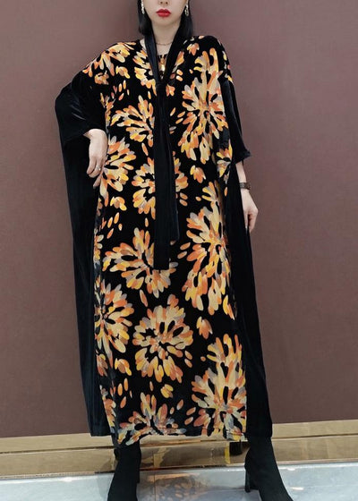 Natural V Neck Patchwork Spring Tunics For Women Fabrics Black Print Kaftan Dress - SooLinen