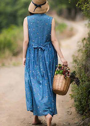 Natural V Neck Sleeveless Summer Clothes Women Fashion Ideas Blue Embroidery Maxi Dresses - SooLinen