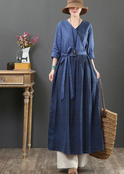 Natural V Neck Tie Waist Spring Dresses Fabrics Blue Plaid Traveling Dress - SooLinen