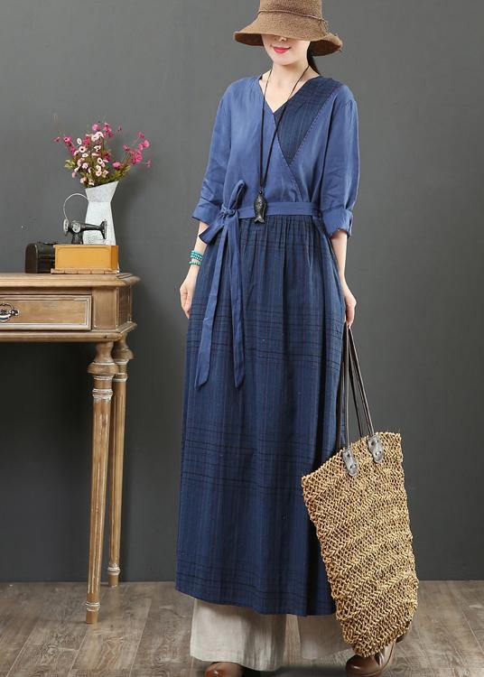 Natural V Neck Tie Waist Spring Dresses Fabrics Blue Plaid Traveling Dress - SooLinen