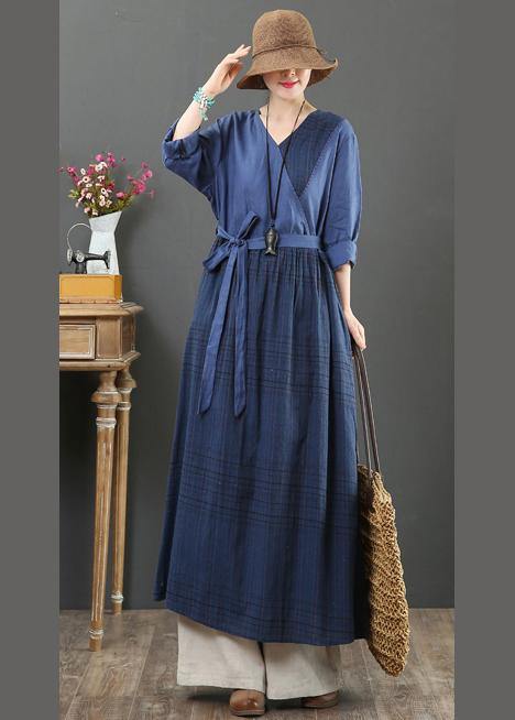 Natural V Neck Tie Waist Spring Dresses Fabrics Blue Plaid Traveling Dress - SooLinen