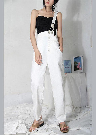 Natural White Denim High Waist asymmetrical Design Carpenter Pants - SooLinen