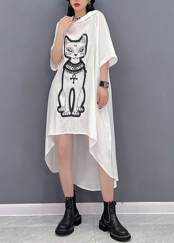 Natural White O-Neck Print Low High Design Chiffon Hooded Dress Three Quarter Sleeve