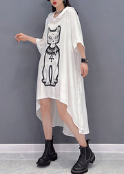 Natural White O-Neck Print Low High Design Chiffon Hooded Dress Three Quarter Sleeve